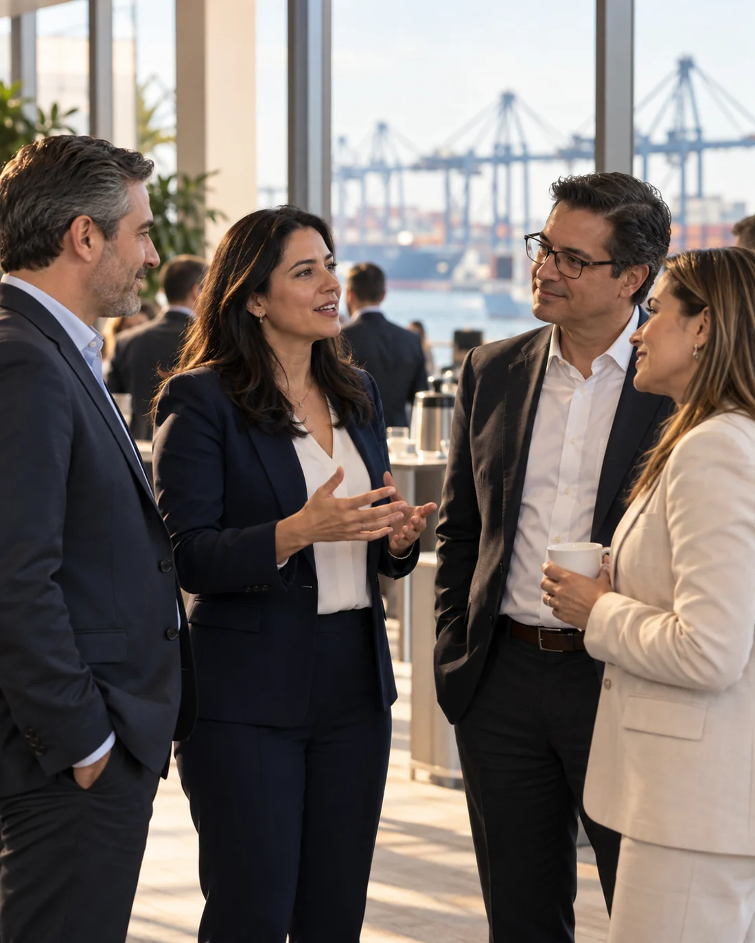 Escena ilustrativa de profesionales conversando durante un encuentro de comercio exterior